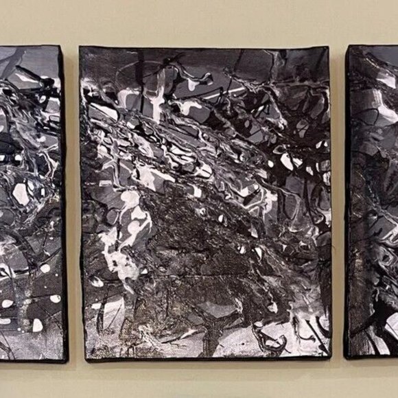Original Handmade 3 piece Triptych Abstract Splatter Drip set - Picture 4 of 4